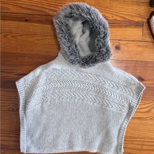 toddler girl Gray Hooded Knit Poncho Sweater with Faux Fur Trim